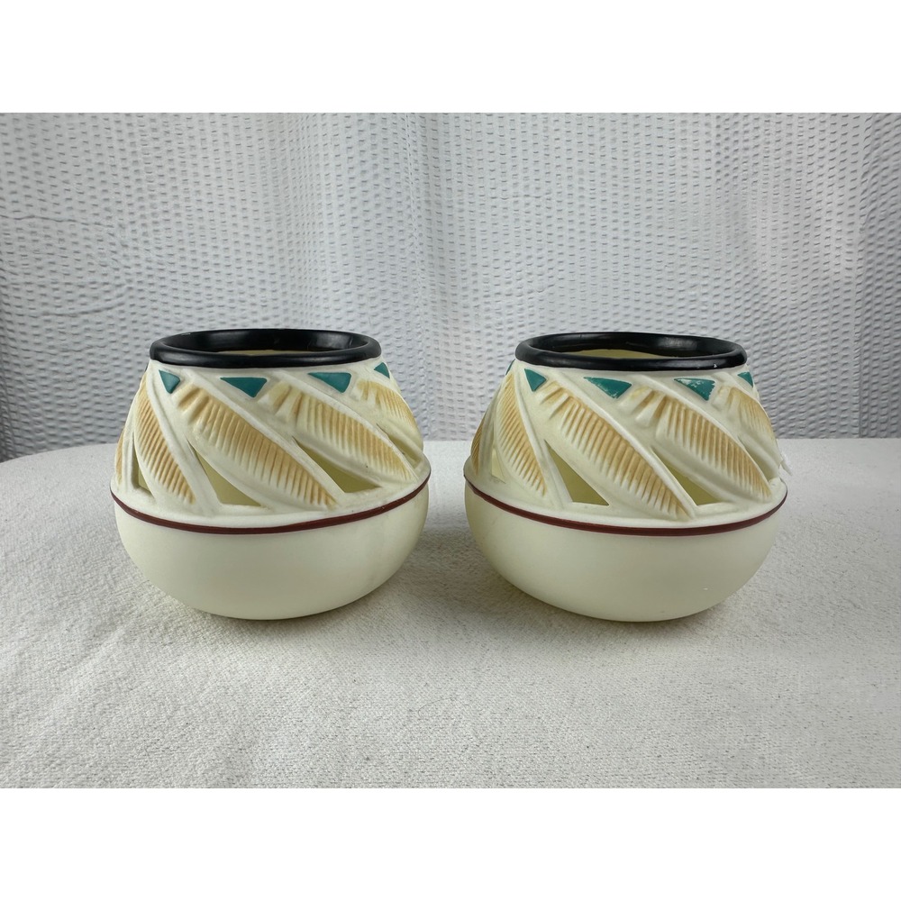 Two PartyLite Southwest‎ Feathers Tealight Votive Candle Holders 4x5"